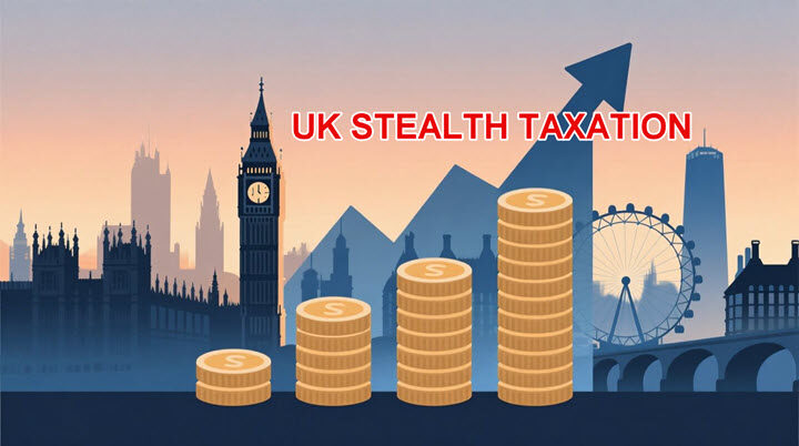 UK rising taxes concept with London skyline.