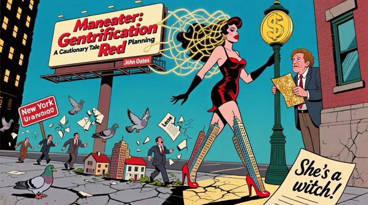 Woman in red, gentrification theme, cartoon illustration.