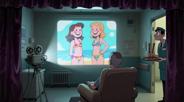 Cartoon women in bikinis projected on hospital screen.