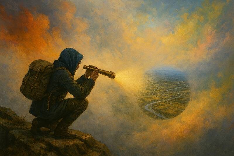 Explorer with torch reveals hidden river landscape.