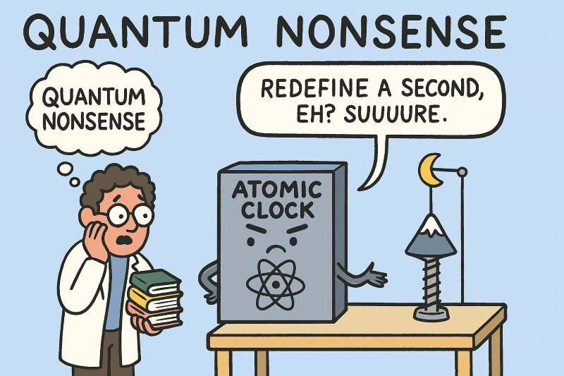 Cartoon: scientist and sarcastic atomic clock.