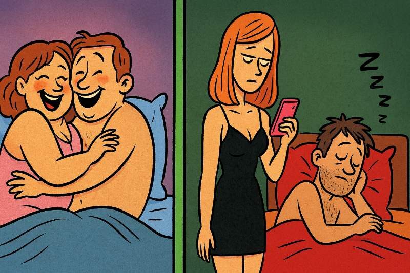 Cartoon couples depict contrasting relationship dynamics.