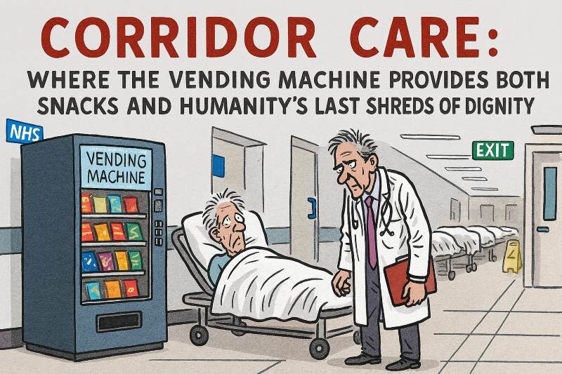 Cartoon of doctor, patient, and vending machine in corridor.