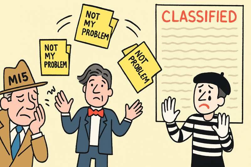 Three characters avoiding responsibility over classified files.