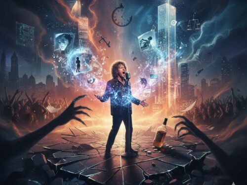 Singer performing on stage with magical elements.