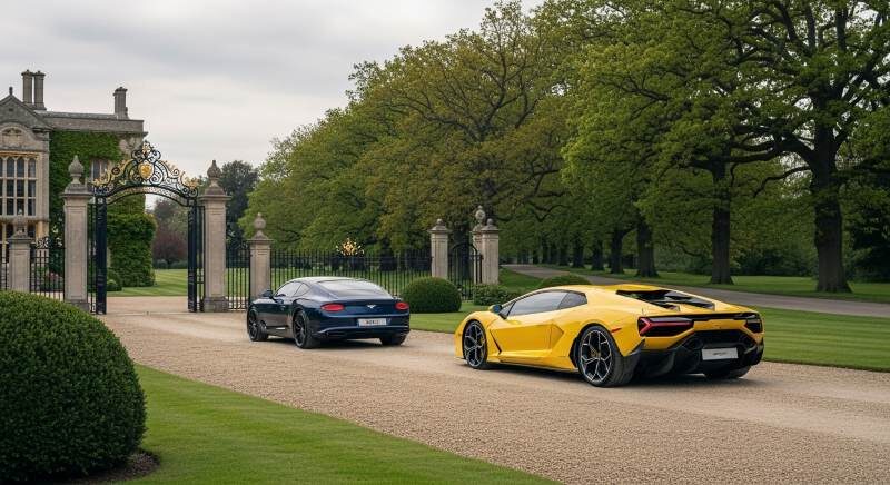 Luxury cars on mansion driveway