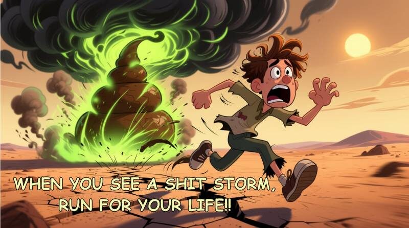 Cartoon boy running from stormy disaster.