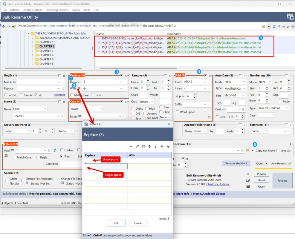 Bulk Rename Utility software interface for file renaming.