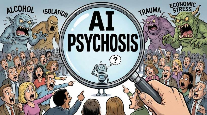 Cartoon of AI causing panic among frightened people.
