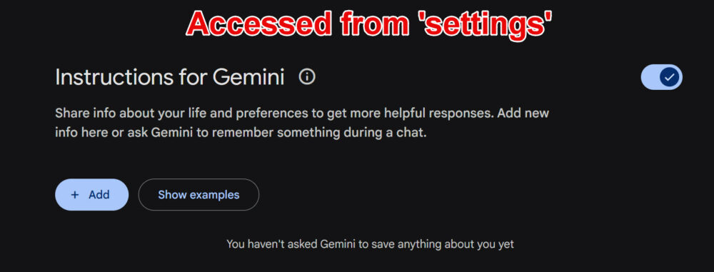 Settings screen for instructions in Gemini.
