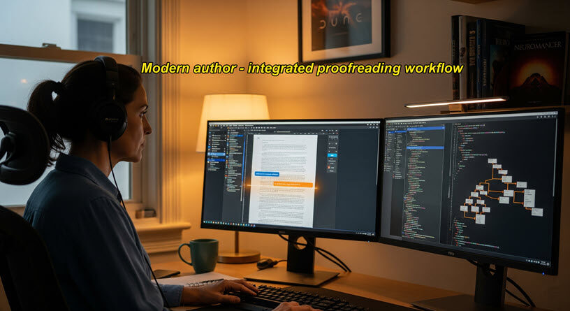 Person using dual monitors for writing and coding.