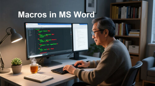 Man writing macros in MS Word on computer