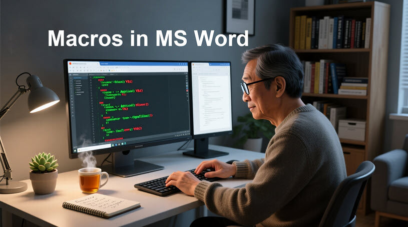 Man writing macros in MS Word on computer