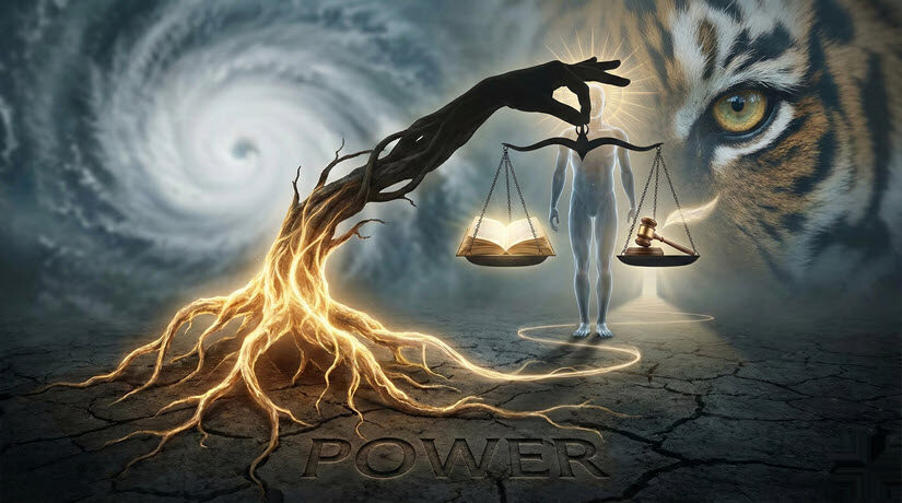 Surreal balance of nature, knowledge, justice, and power.
