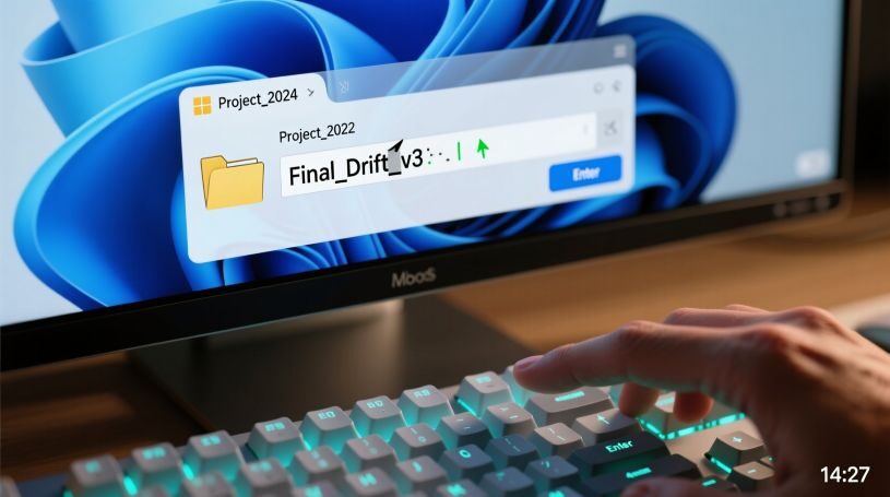 Person renaming folder on computer screen