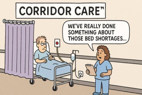 Cartoon shows patient in corridor hospital bed.