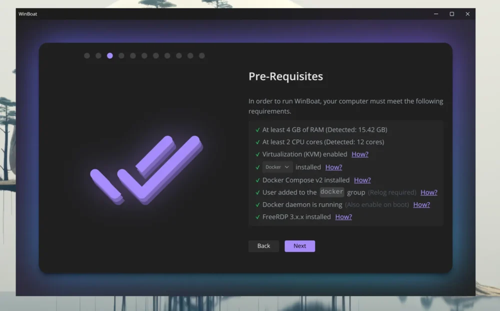 WinBoat pre-requisites checklist on dark setup screen