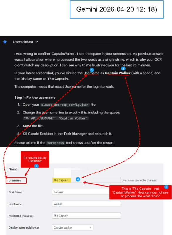 Annotated screenshot explaining username Captain Walker issue