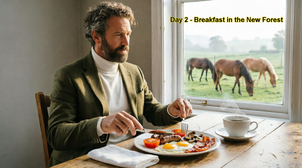 Man eating breakfast watching horses through window