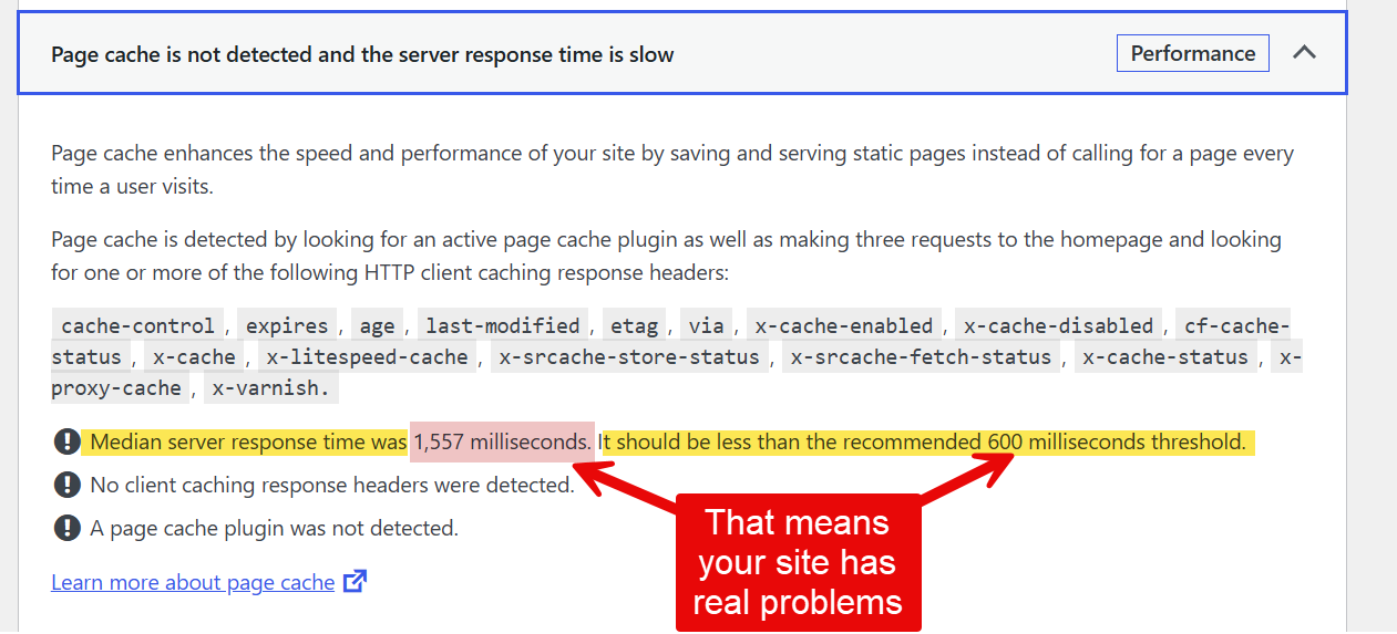 Website performance warning showing slow server response and missing cache