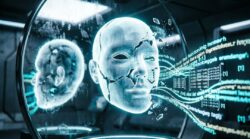 Cracked digital human face beside flowing code