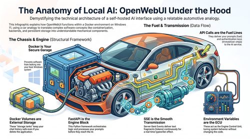 Car infographic explaining OpenWebUI architecture through automotive components