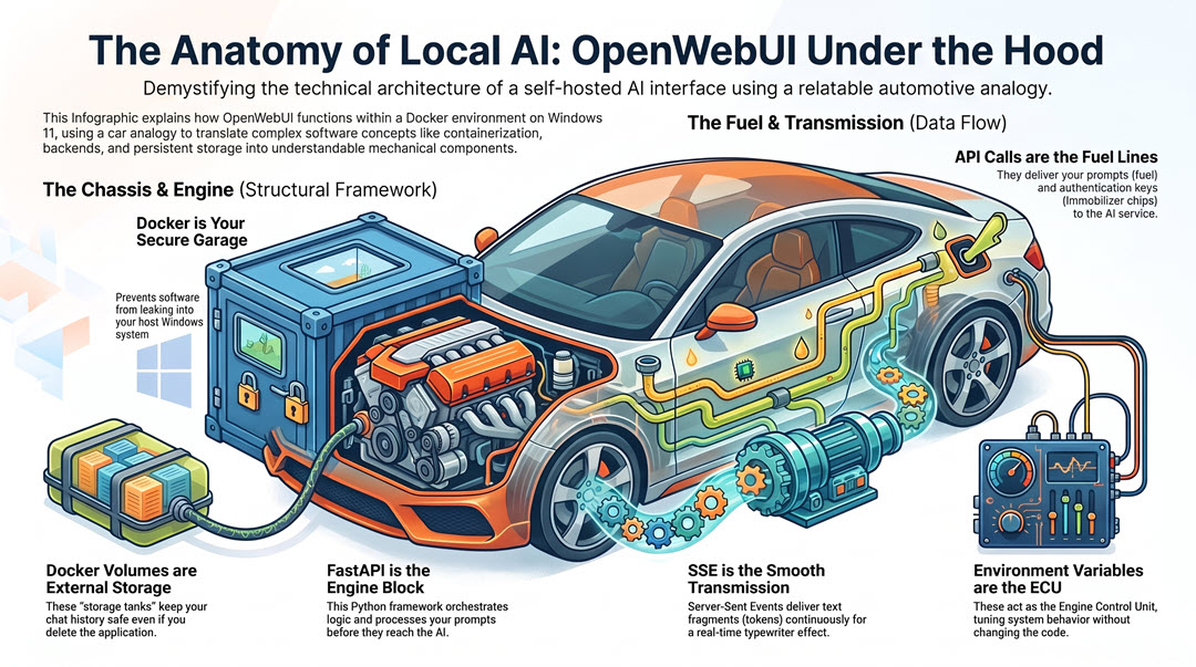 Car infographic explaining OpenWebUI architecture through automotive components