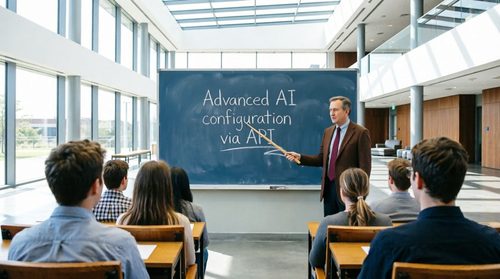 Lecturer teaching advanced AI configuration to students