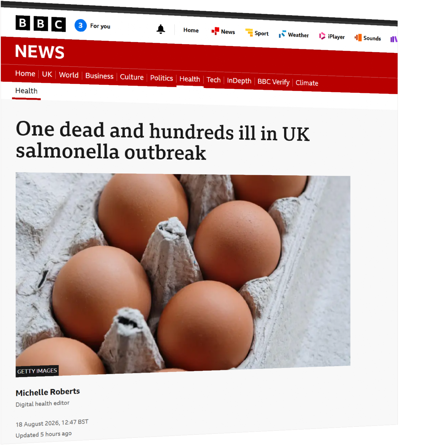 BBC News article about UK salmonella outbreak with eggs