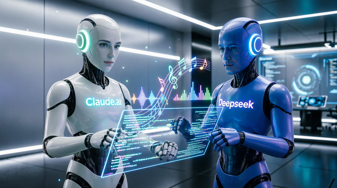 Claude.ai and Deepseek robots examining holographic code and music