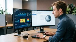 Analyst reviewing data dashboards on dual computer monitors