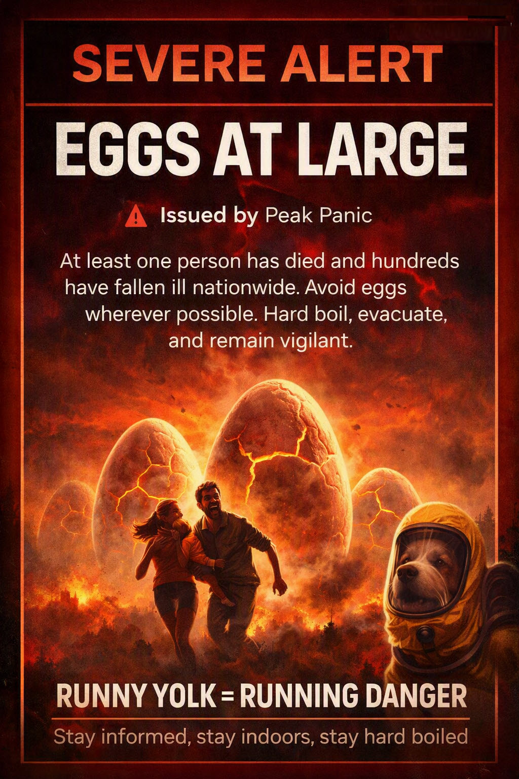 Satirical severe alert poster showing giant cracking eggs