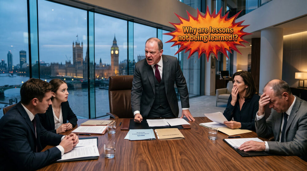 Angry executive shouting during tense London boardroom meeting