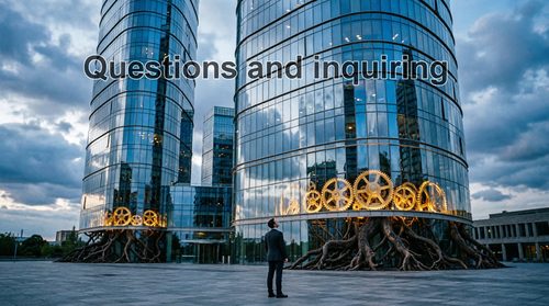 Man facing glass towers with roots and glowing gears