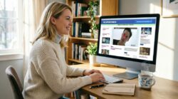 Woman watching online news video at home desk