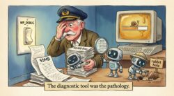 Cartoon of overwhelmed engineer amid debug reports and loading screen