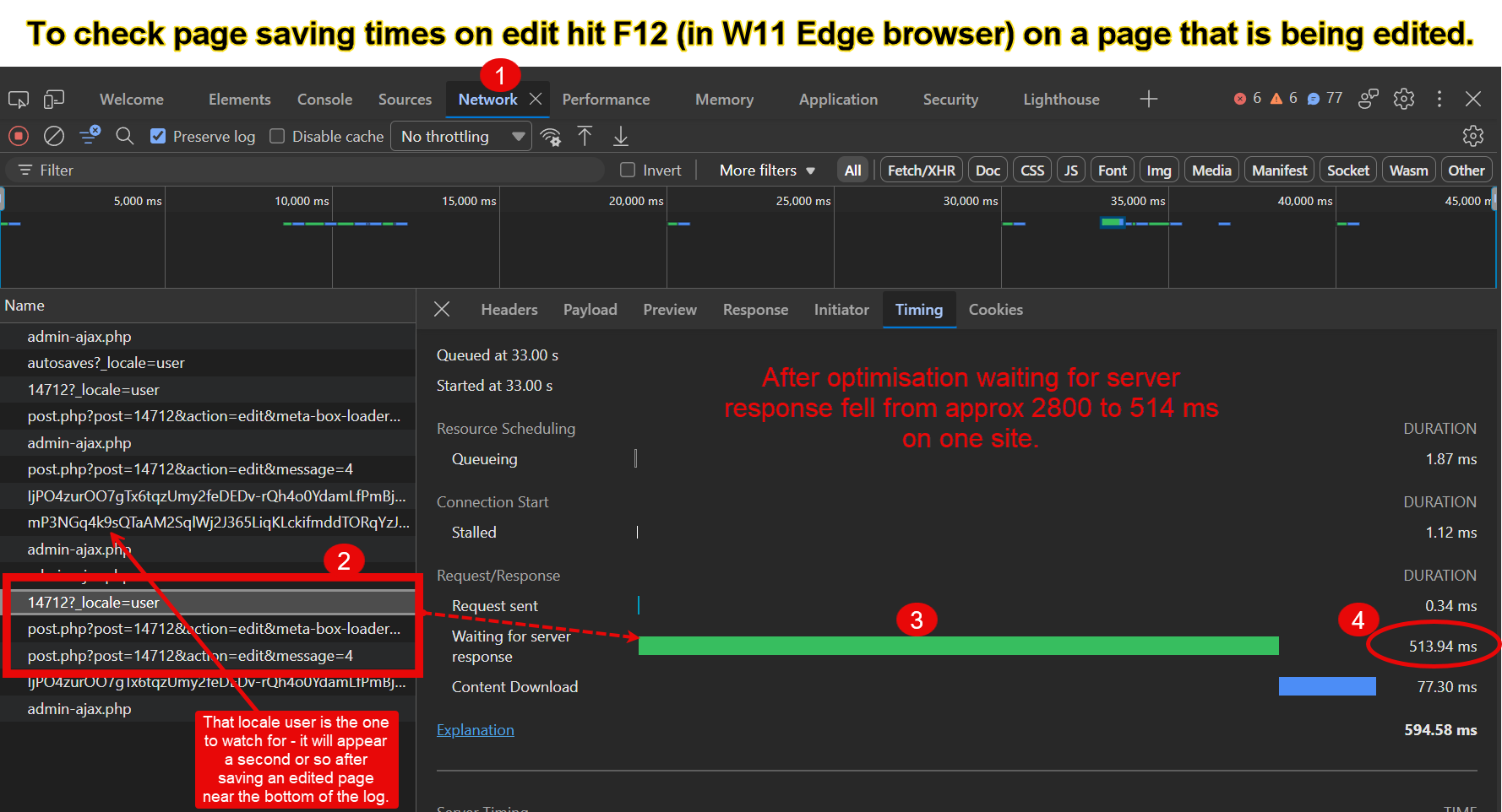 Edge DevTools Network timing showing improved server response