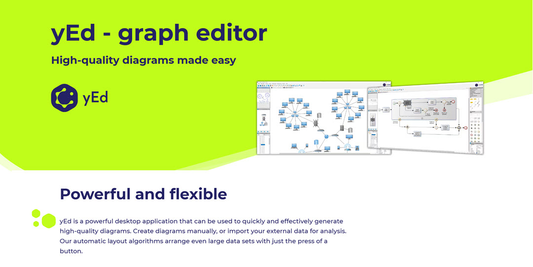 yEd graph editor promotional banner with diagram screenshots