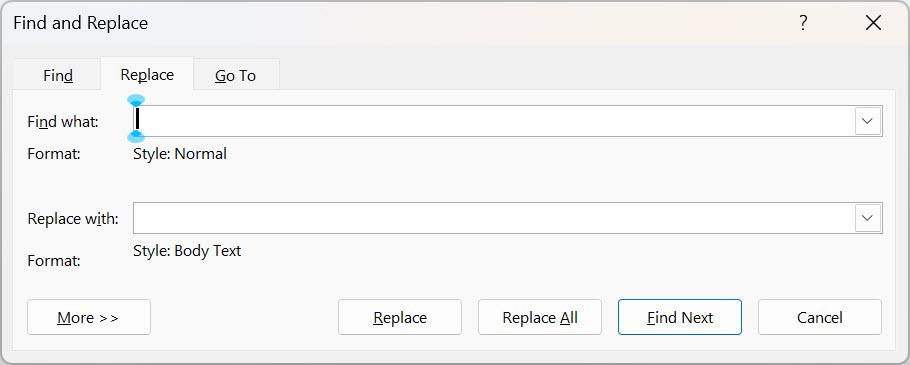 Find and Replace dialogue showing style formatting options