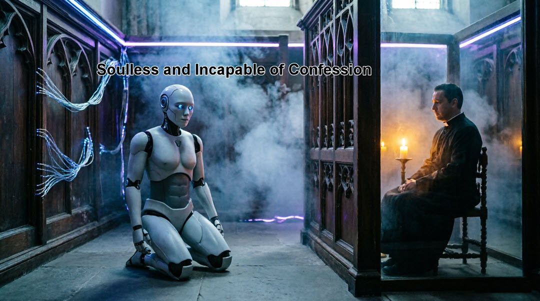 Robot kneels beside priest in smoky confessional