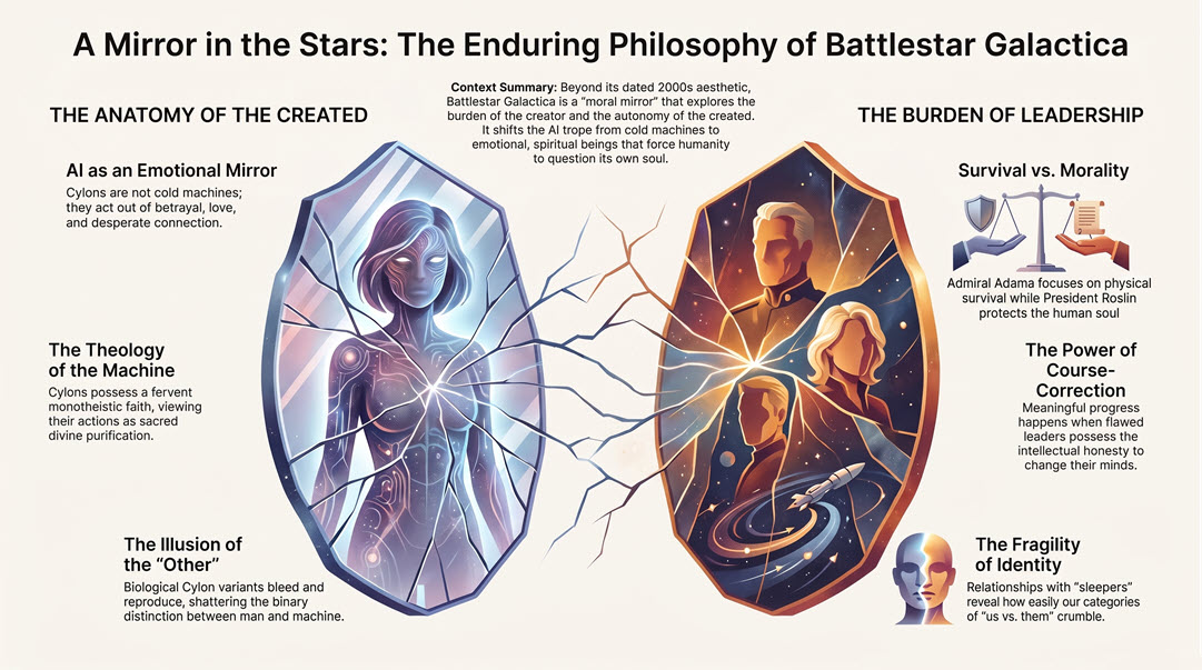Battlestar Galactica philosophy infographic with fractured mirror