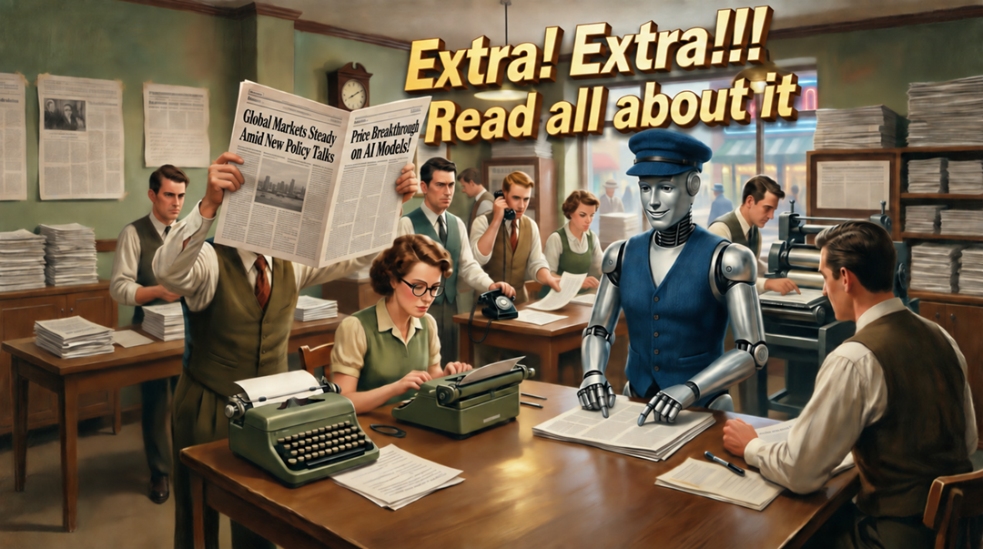 Retro newsroom with robot journalist and headline newspapers