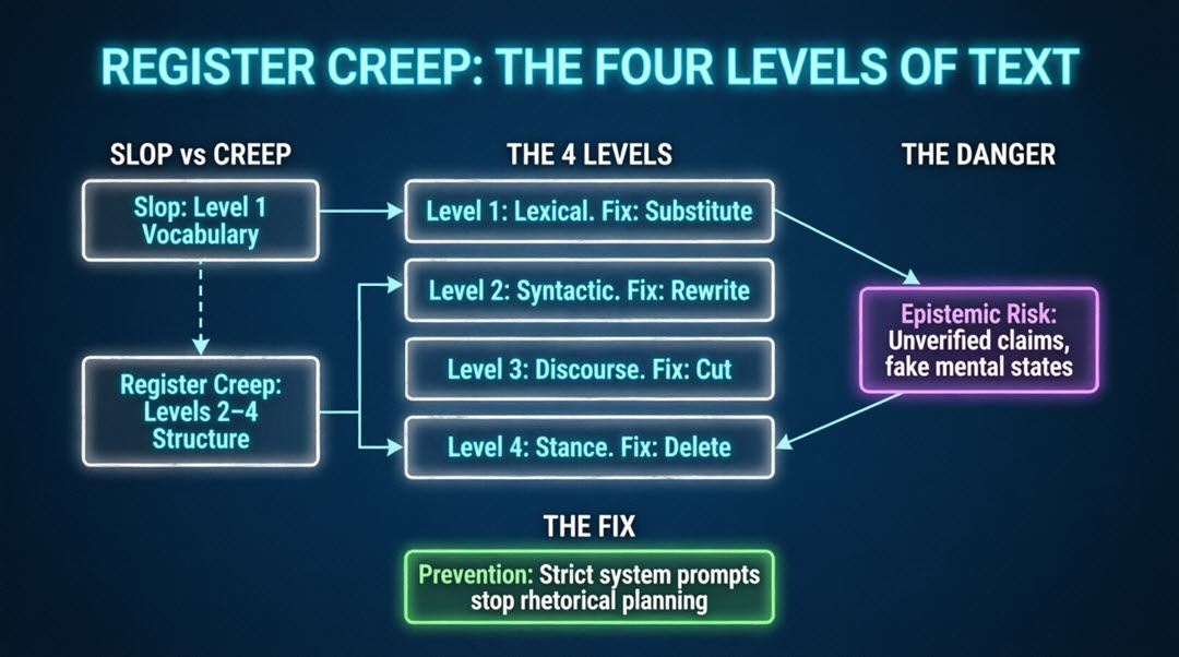 Diagram explaining four levels of register creep in text