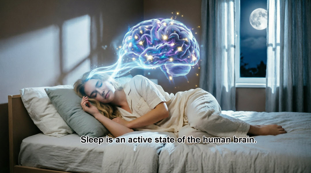 Sleeping woman with glowing brain illustration above her