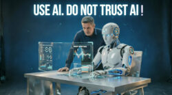 Man supervises robot using holographic data screens