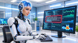 Humanoid robot analysing text data on a computer monitor
