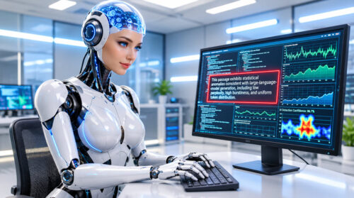 Humanoid robot analysing text data on a computer monitor