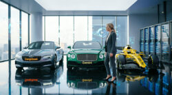 Woman beside DeepSeek, Gemini and ChatGPT-branded cars