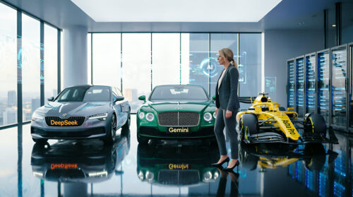 Woman beside DeepSeek, Gemini and ChatGPT-branded cars