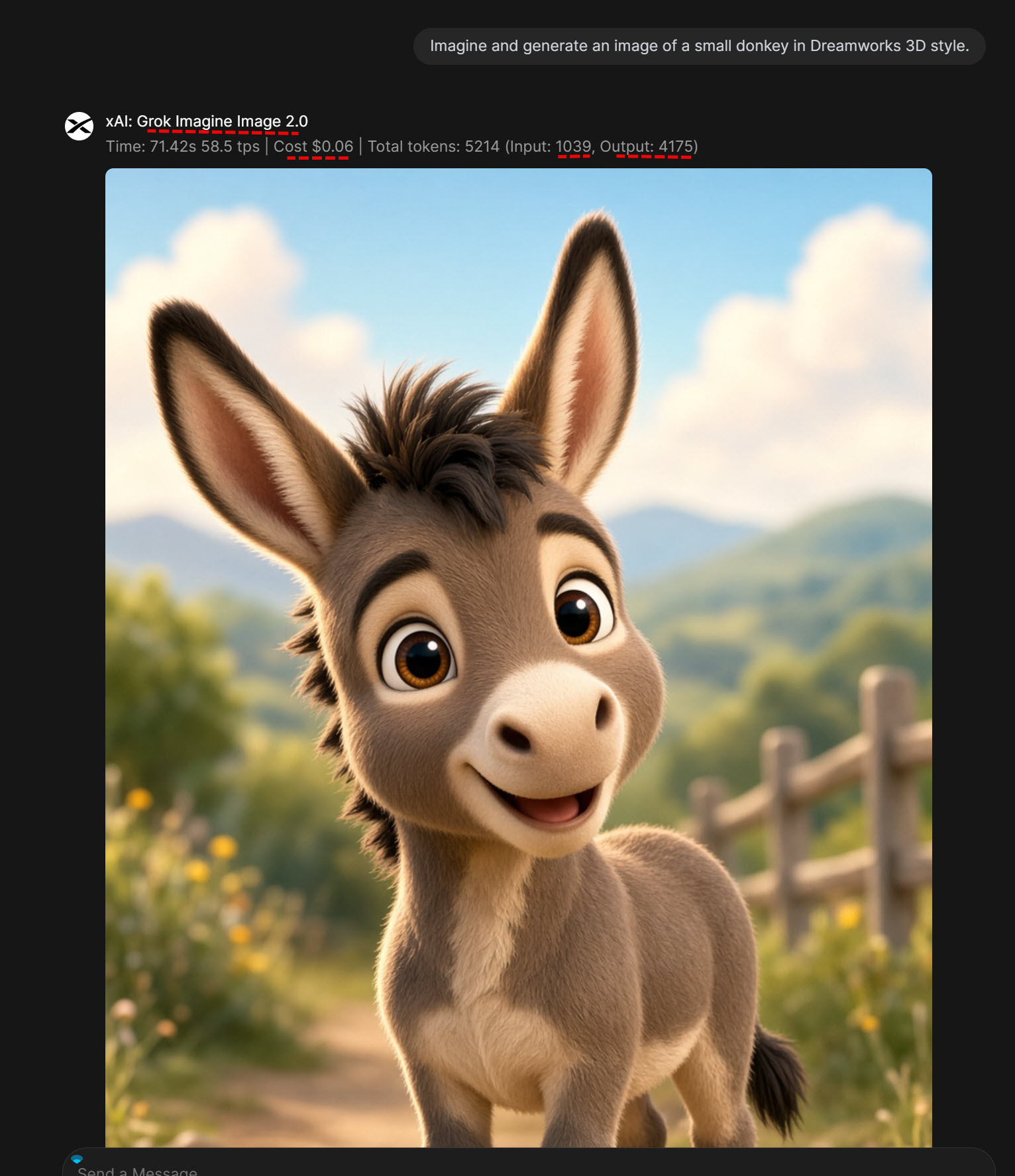 Smiling cartoon donkey in a sunny countryside field
